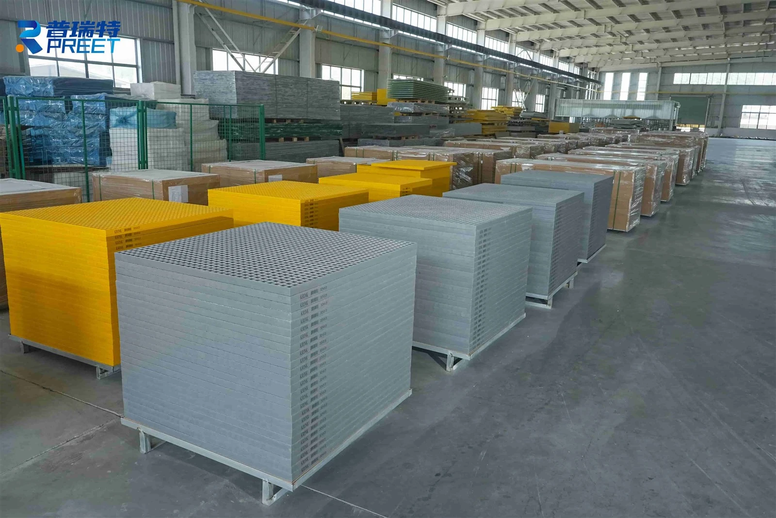 industrial fiberglass grating panels showing different thickness and grid structures in warehouse industrial fiberglass grating panels showing different thickness and grid structures in warehouse